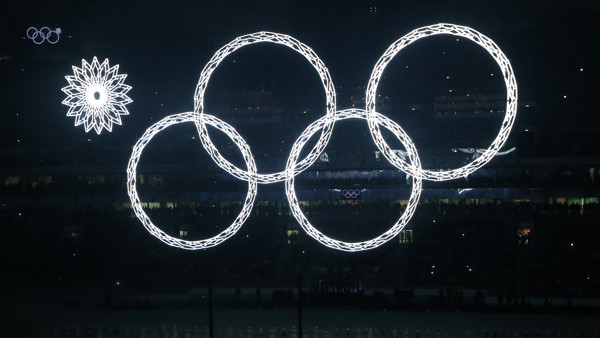 A view of The Olympic rings as one of them fails to open during the Opening Ceremony for the 2014 Sochi Olympic Games at the Fisht Olympic Stadium, near Sochi, Russia.