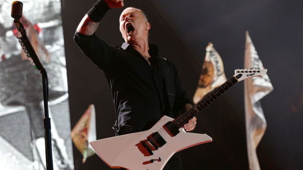 James Hetfield of Metallica performing on the Pyramid Stage at the Glastonbury Festival, at Worthy Farm in Somerset.