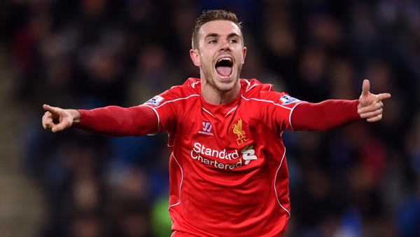 Liverpool's Jordan Henderson celebrates scoring his side's third goal during the Barclays Premier League match at the King Power Stadium, Leicester. PRESS ASSOCIATION Photo. Picture date: Tuesday December 2, 2014. See PA story SOCCER Leicester. Ph
