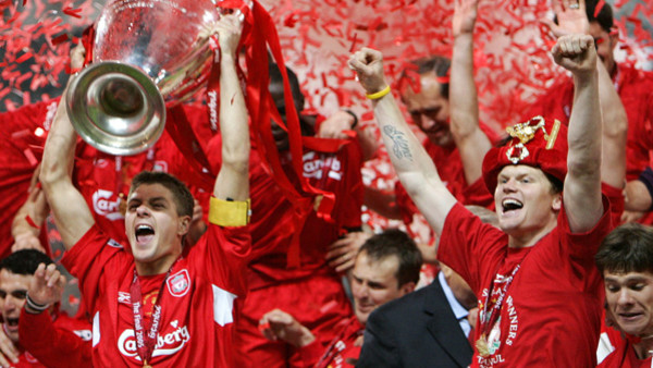 ** FILE ** Liverpool's captain Steven Gerrard, left, holds the trophy after Liverpool's victory in the the UEFA Champions League Final between AC Milan and Liverpool at the Ataturk Olympic Stadium in Istanbul, Turkey in this Wednesday May 25, 2005