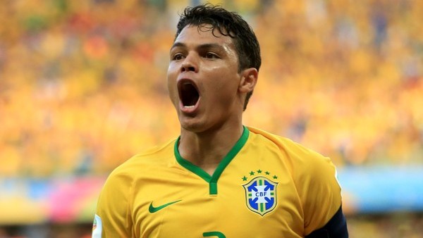 Brazil's Thiago Silva celebrates scoring his side's first goal of the match during the quarter final match at the Estadio Castelao, Fortaleza.