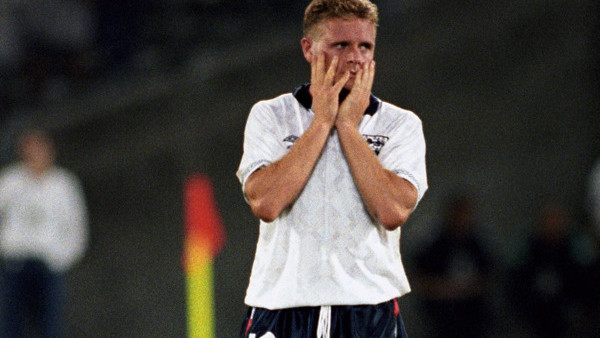 England's Paul Gascoigne with head in hands crying after defeat by West Germany in Turin