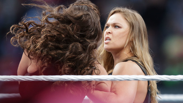 IMAGE DISTRIBUTED FOR WWE - UFC fighter Ronda Rousey makes a surprise appearance at WrestleMania 31 on Sunday, March 29, 2015 at Levi's Stadium in Santa Clara, CA. WrestleMania broke the Levis Stadium attendance record at 76,976 fans from all 50 state