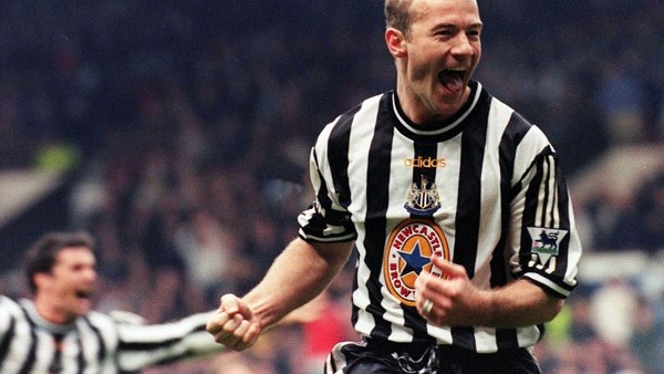 This picture can only be used within the context of an editorial feature. Alan Shearer celebrates after scoring for Newcastle United as they knocked Tottenham Hotspur out of the FA Cup Semi-Final.