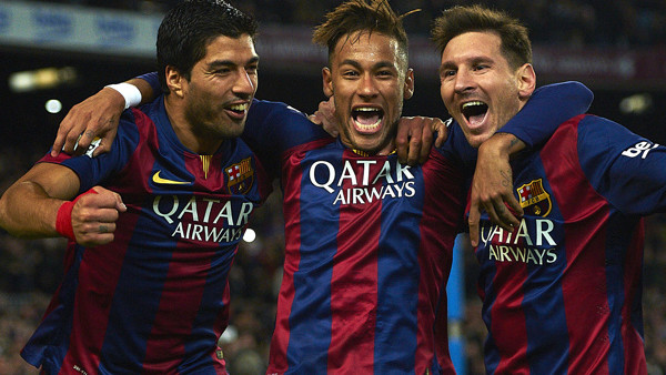 FC Barcelona's Lionel Messi, from Argentine, right, Neymar, from Brazil, center, and Luis Suarez, from Uruguay, celebrate after scoring against Atletico Madrid during a Spanish La Liga soccer match at the Camp Nou stadium in Barcelona, Spain, Sunday, 