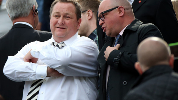 Newcastle United's owner Mike Ashley, left, and managing director Lee Charnley, right, are seen in the stand ahead of their English Premier League soccer match between Newcastle United and West Ham United's at St James' Park, Newcastle, Englan