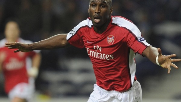 FILE - This is a Wednesday, Feb. 17, 2010 file photo of Arsenal's Sol Campbell as he celebrates after scoring against FC Porto in a Champions League round of 16 first leg soccer match at Porto's Dragon Stadium in Porto, Portugal. Campbell announ
