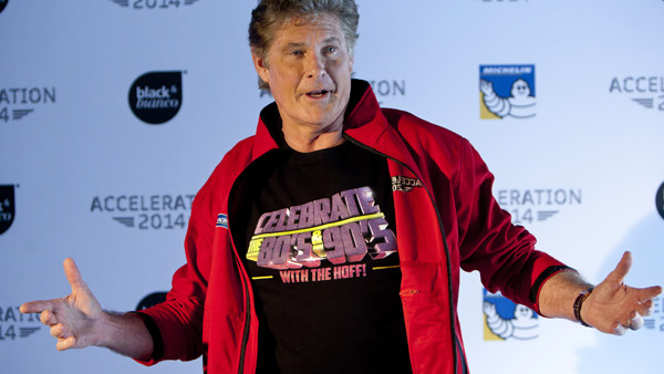 US actor David Hasselhoff poses for photographers during the presentation of a Motor Racing Festival in Madrid, Spain. Tuesday, March 25, 2014. (AP Photo/Abraham Caro Marin)