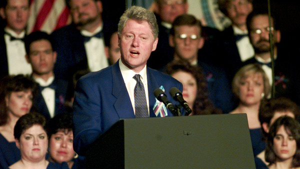 FILE - In this April 23, 1995 file photo, President Bill Clinton speaks at a prayer service for the victims of the Federal Building bombing at the State Fairgrounds in Oklahoma City. The blast killed 168 people _ including 19 children _ injured hundreds m