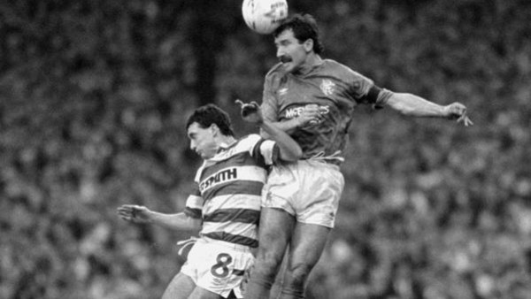 Rangers' player-manager Graeme Souness (right) gets to the ball ahead of Celtic's Paul McStay during the Old Firm clash at Parkhead which Celtic won 2-0.