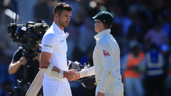 England batsman James Anderson shows his dejection as he shakes hands with Australia man of the match Steve Smith (right) after Australia win the 2nd test, during day four of the Second Investec Ashes Test at Lord's, London.