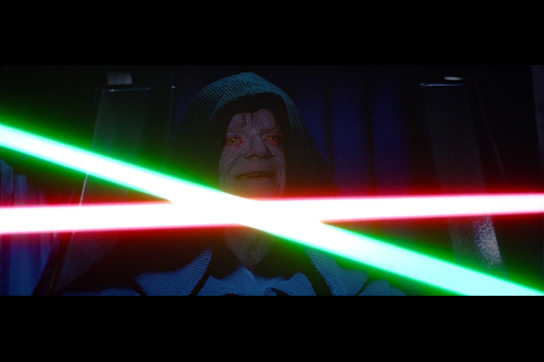 Star Wars, The Emperor behind the clashing Lightsabers in Return of the Jedi