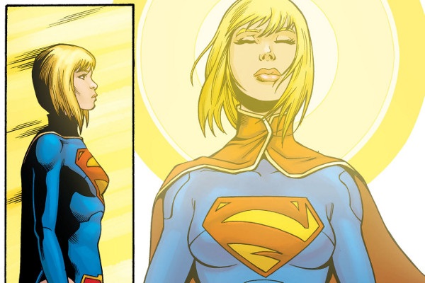 Comic book panel of Supergirl being charged by the sun.