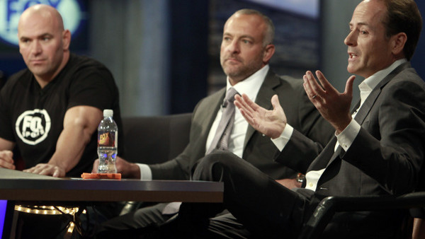 From left, Dana White, UFC president, Lorenzo Fertitta, chairman and CEO of UFC, and John Landgraf, president of FX Networks, announce a multi-year, multi-platform agreement between Ultimate Fighting Championship (UFC) and Fox Media Group, at a news confe