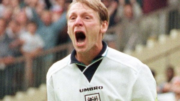 England's Stuart Pearce celebrates after scoring his penalty in a shootout against Spain which England won 4-2 during their European Soccer Championships quarter-final match at London's Wembley Stadium Saturday June 22, 1996. England advance to t