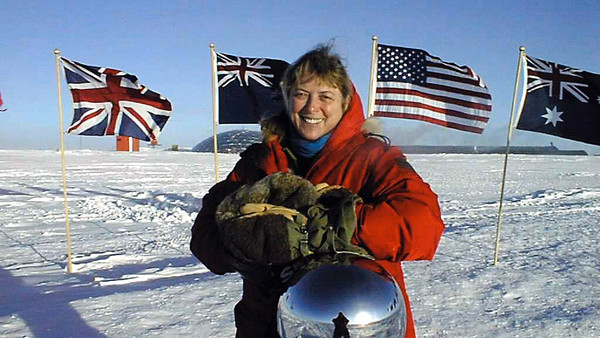 Physician Jerri Nielsen At The Ceremonial South Pole Marker