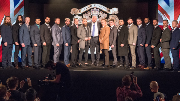 WWE United Kingdom Championship Competitors With William Regal Left Triple H Centre Finn Balor Right 