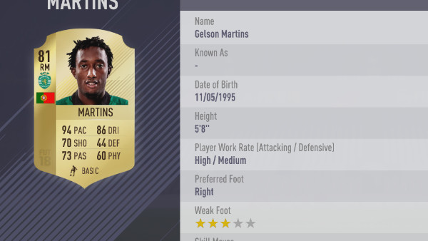 FIFA 18 Gelson Martins