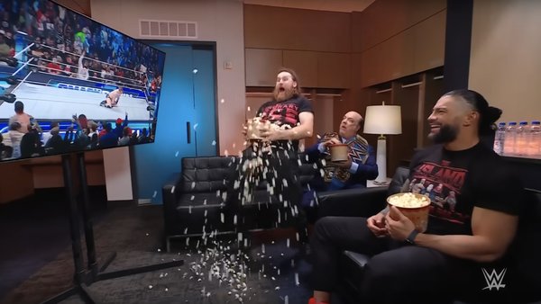 Roman Reigns Sami Zayn Paul Heyman Popcorn